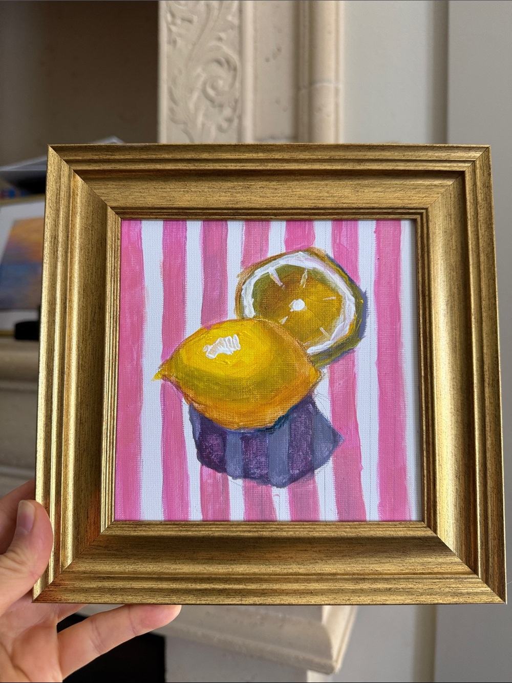 Hand-Painted Lemon Canvas Art - Pink & Yellow Home Accent 6”x6”, unframed